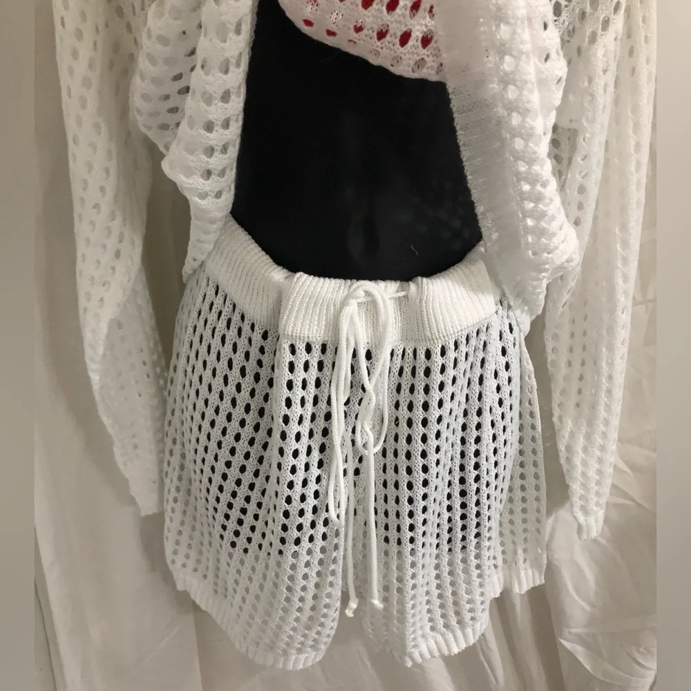 White 2pc American flag crochet mesh sweater & shorts coverup set size large new